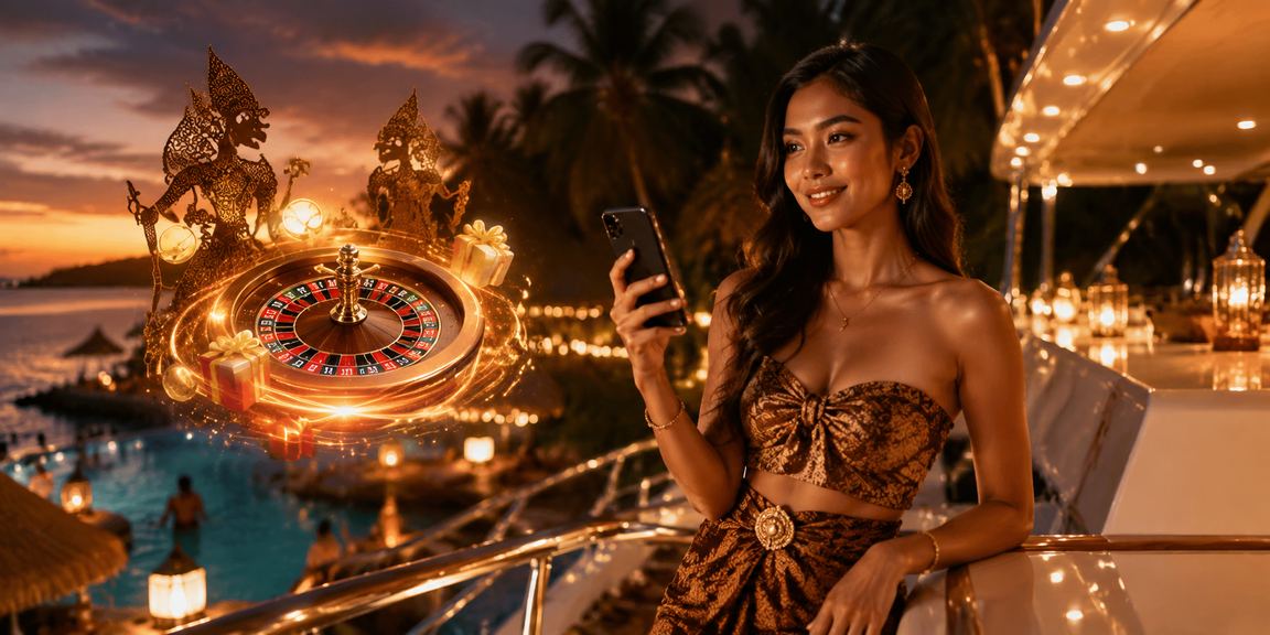 Meja roulette berputar di suasana pasar malam yang ramai dan meriah